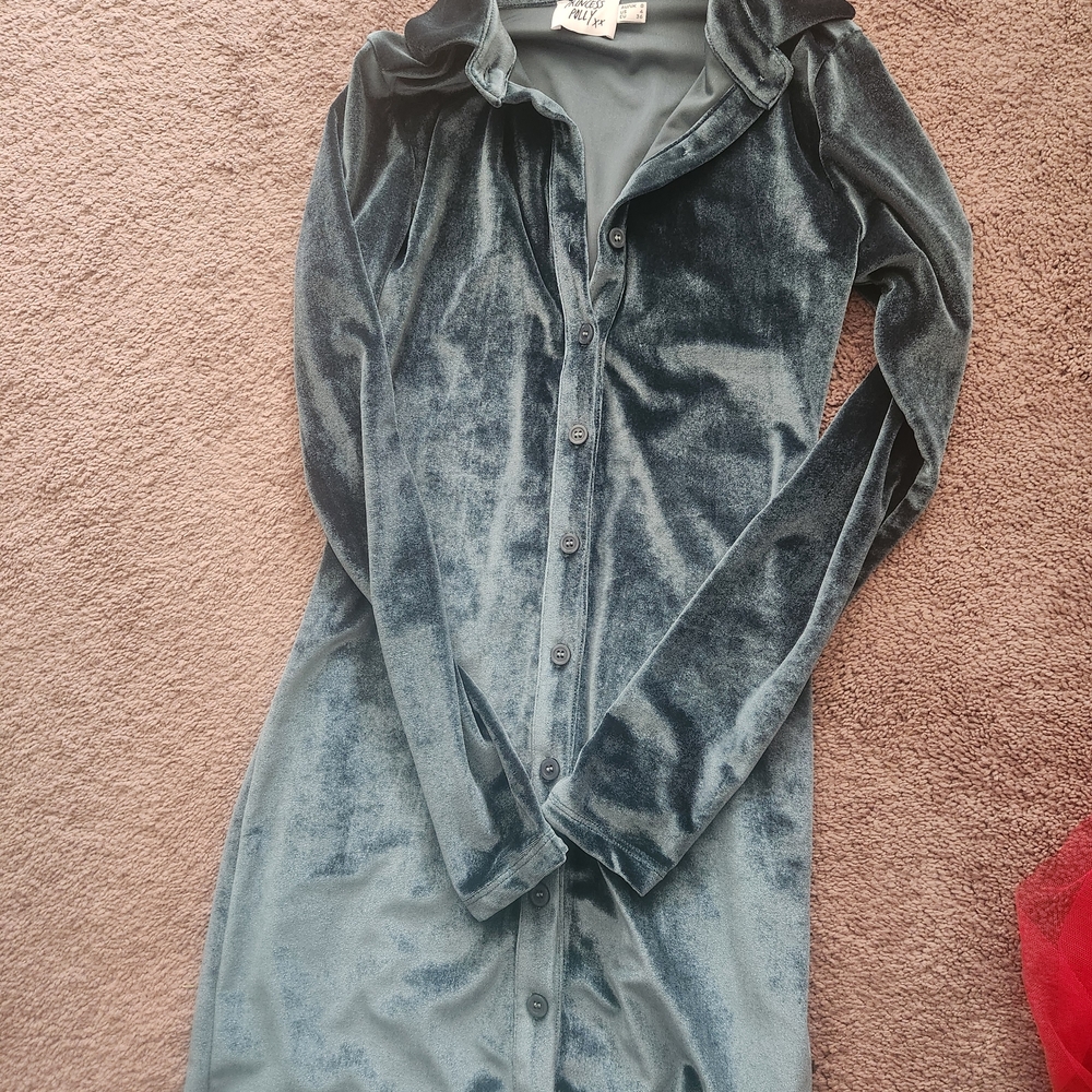 Princess Polly Velvet Button-Up Shirt Jacket in A Blue Green Velvet 4